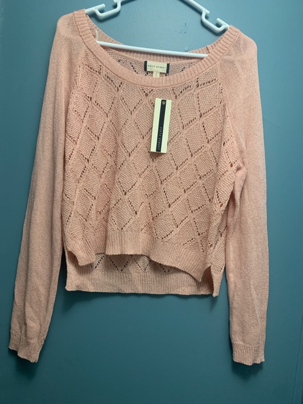 Fifty Street Open-Knit Cropped Crewneck Sweater